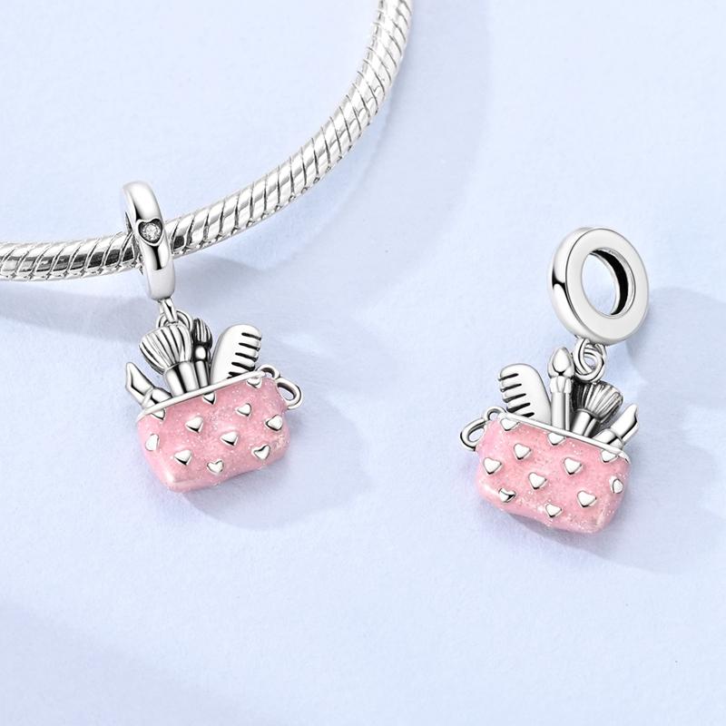 Original 925 Sterling Silver Bead Charms Heart Pink Makeup Tools Bag Pendant Fit Original Bracelet For Women DIY Jewelry Gift