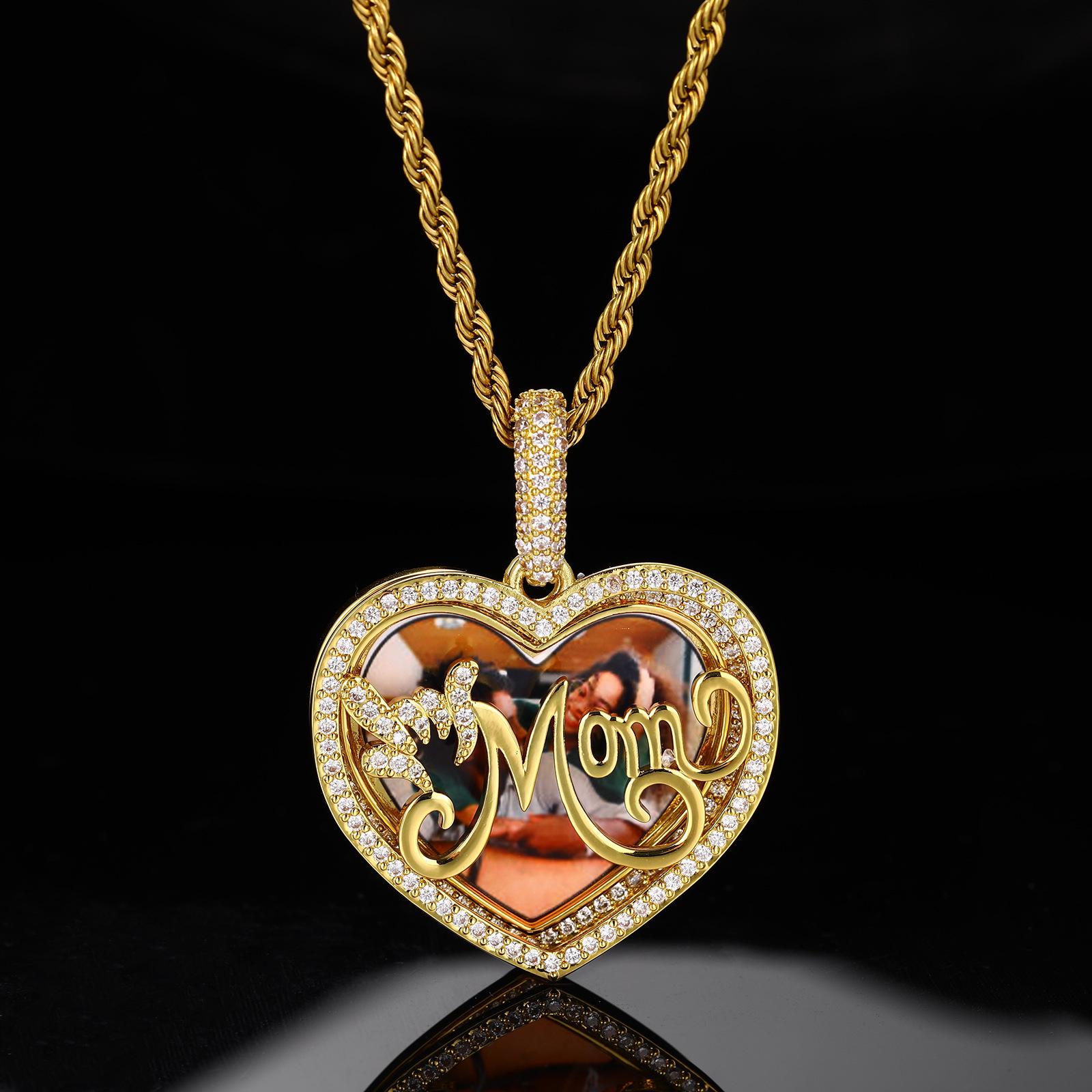 European & American Hip Hop Heart Photo Necklace: Copper Zirconia Pendant with DIY Personalized Heart Frame