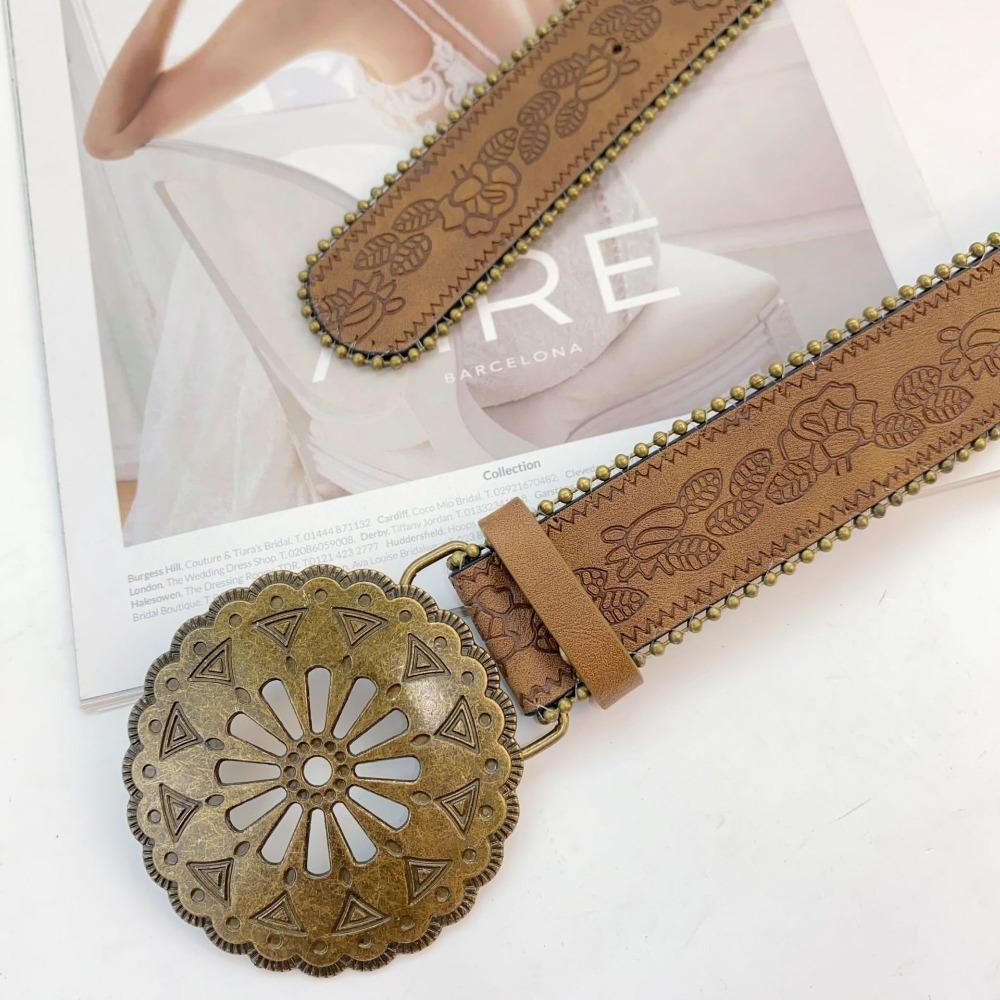 Zinc Zinc Alloy Cowgirl Buckle Belt Vintage Flower PU Hollow Belt Fashion Cowboy Waistband  Dress Decoration