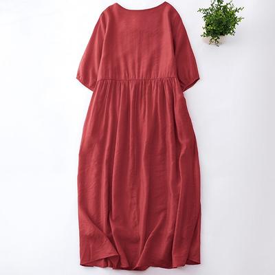 Retro Solid Color Cotton and Linen Dress Women's 2025 Spring and Summer New Loose and Thin Round Neck Five-quarter Sleeve Long Dress