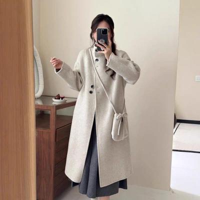 Damski luźny wełniany płaszcz dwustronny z torbą na ramię na sezon jesień/zima 2025 - koreański styl casual