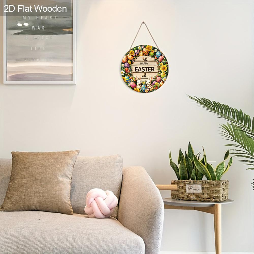 2D Flat 1pc Happy Easter “Egg Wreath” Sign Wooden Round Plaque, Spring Garden Courtyard Balcony Decor, Indoor/Outdoor Statue Wall Hanging Home Decor
