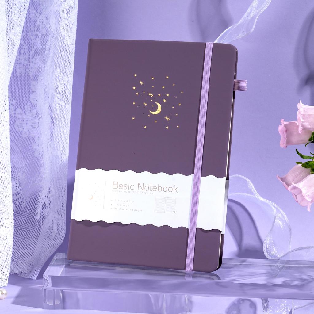 CAGIE A5 Hardcover 8mm with Pen Classic X Perfect for Travel Light Purple Notebook, Stylish, Ruled, Holder, Style, Cute, 14.5cm 21cm, Business,