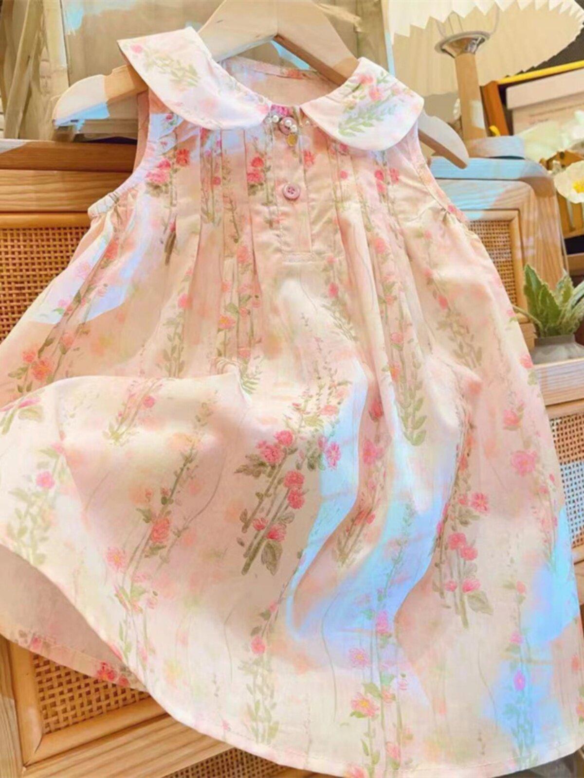 Girls Summer Floral Dress Collared Sleeveless Vest Dress Cute Versatile Princess Party Outfit For Kids 90cm