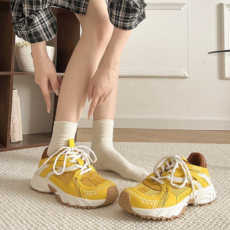 Leather mesh dad shoes women 2025 autumn new breathable lightweight soft sole versatile red casual sports shoes tide