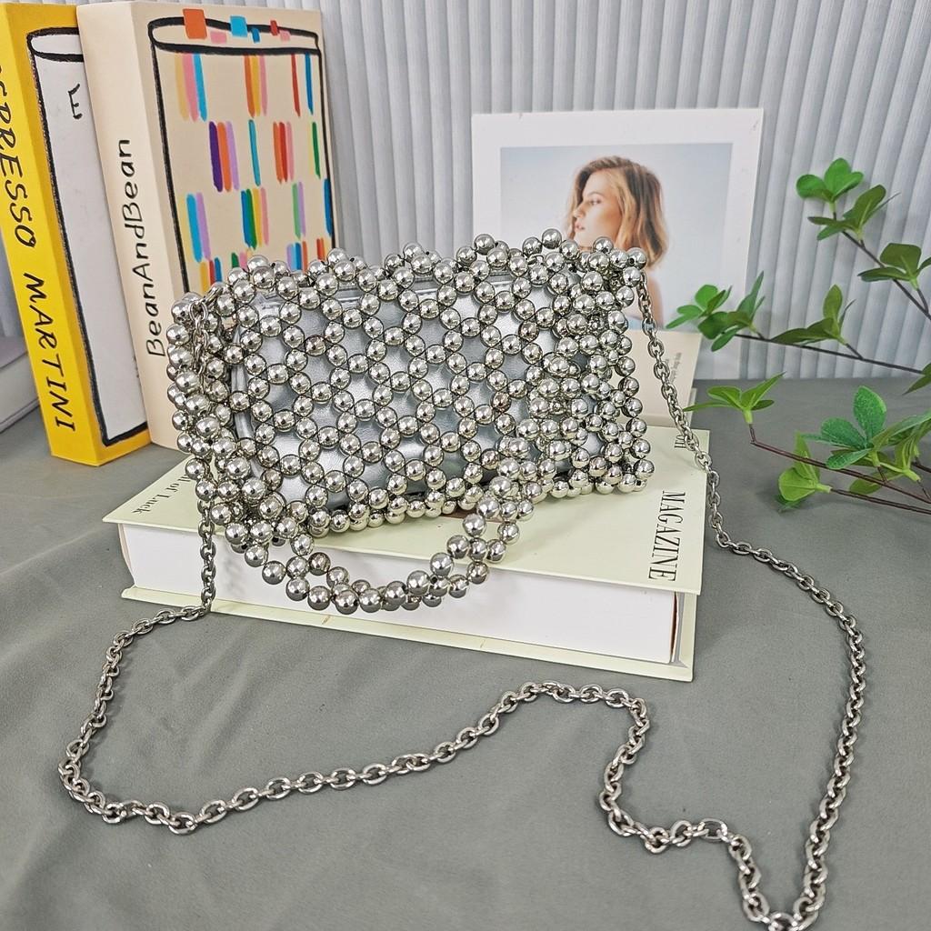 Acrylic Beaded Handwoven Clutch Bag With Zipper Closure For Daily Fashion
