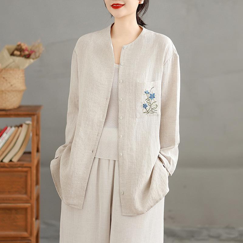 

Rain Dew Hemp Embroidered Cotton Linen Long Sleeve Women s Casual Shirt - Chinese Style Artistic Top L