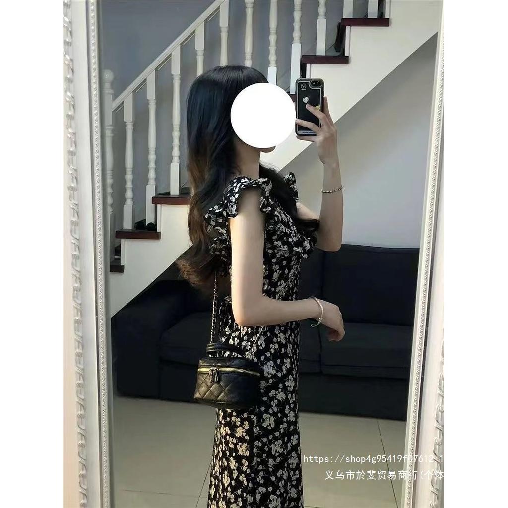 Coffee Break French Hepburn Style Black Floral Dress Children's Summer New Temperament Waist Long Dress Advanced