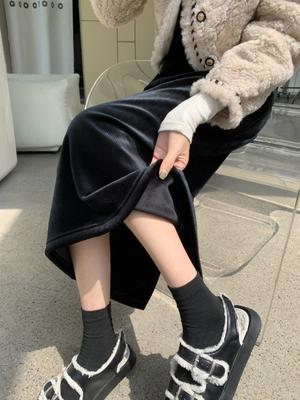 Winter Vintage Velvet Drape Fleece-lined Skirt Women Elegant Straight High Waist Skirts Female Korean Fashion Casual Warm Clothes 2024