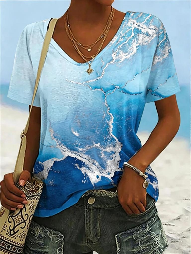 Women's Gradient Marble Print V-Neck T-Shirt, Casual Short Sleeve Tops, Modern Abstract Daily Wear for Spring & Summer