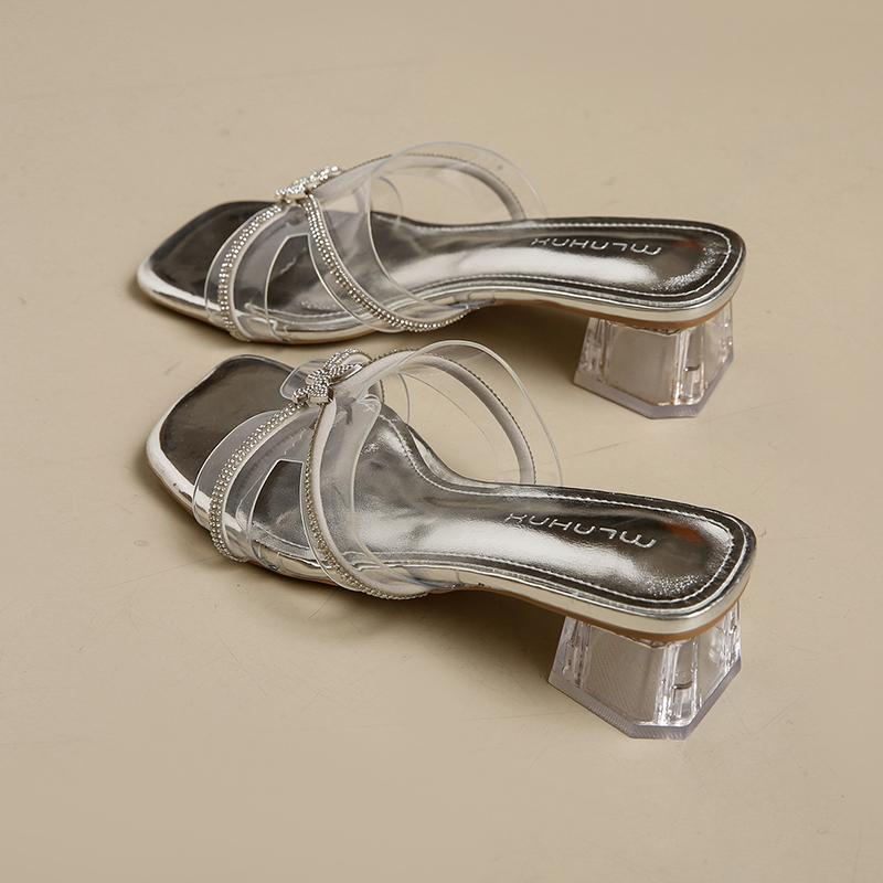 Mode CRLAYDK Sommer Damen Chunky Low Heel Sandalen Offene Zehenpartie Transparent Slip On Damen Elegant Lässig Party Walking Reise Schuhe