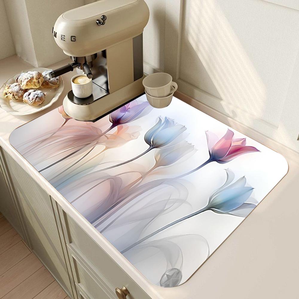 Dish Drying Mat Super Absorbent Drying Mat Coffee Mat with Non-slip for Kitchen Counter Decor Easy Clean Floral Pattern
