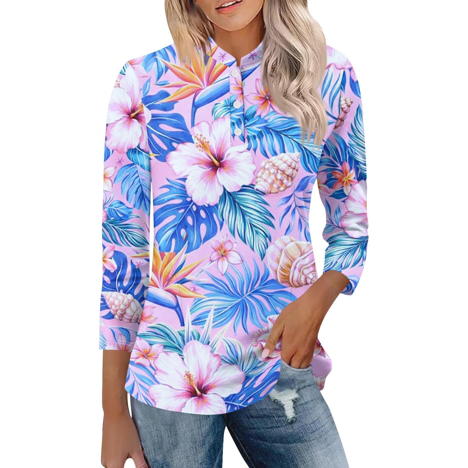 

Women s Casual Polo Collar Shirt Loose Fit Three Quarter Sleeve Top Lightweight Comfortable Fabric Suitable for Daily Wear and Outdoor Activities L розовый