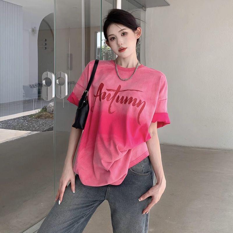 Women's Tie Dyed T-shirt Summer Fashion Short Sleeved Round Neck oversized y2k Tops pure cotton letters Clothing Women T-shirts
