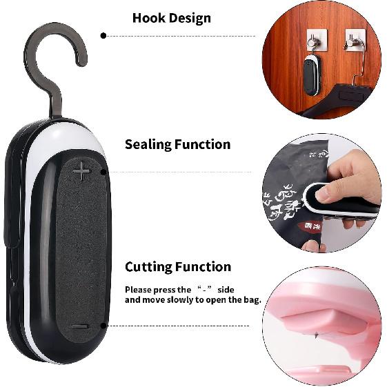 Mini Bag Sealer, 3 Packs Portable Heat Vacuum Sealers, Chip Bag Sealer with Cutter 2 in 1 Heat Sealer Food Sealer Bag Resealer Handheld with Hook for