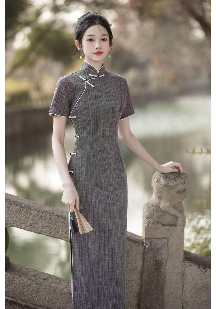 2024 Spring/Summer Floor-Length Chinese Style Qipao: Comfortable, Breathable, Daily Wear with Full Opening