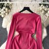 Elegant Bow High Waist Fashion Bodycon  Dress Long Sleeve Sexy Knit Elastic Tight Vestidos Autumn Winter Pencil Sweater Dress