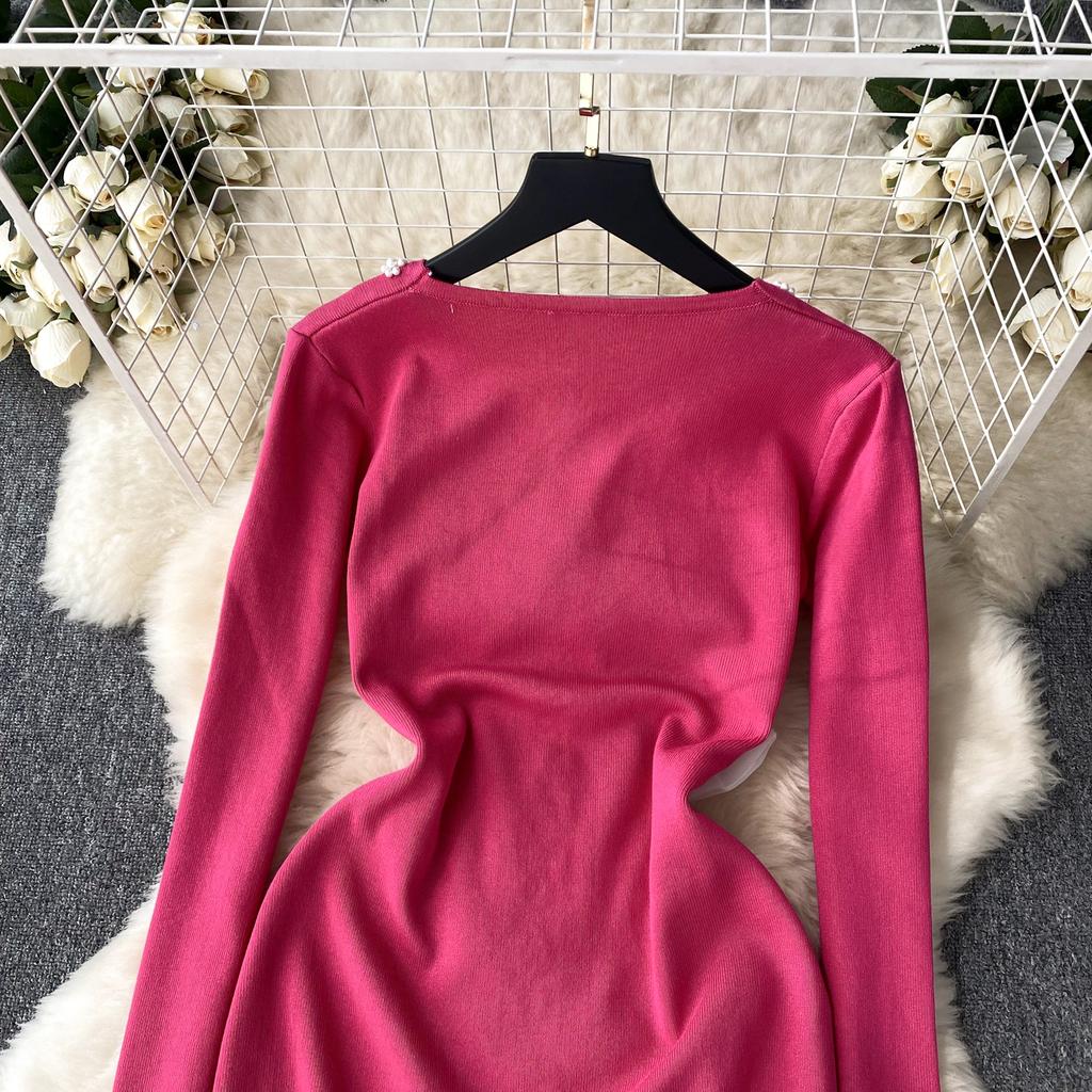 Elegant Bow High Waist Fashion Bodycon  Dress Long Sleeve Sexy Knit Elastic Tight Vestidos Autumn Winter Pencil Sweater Dress