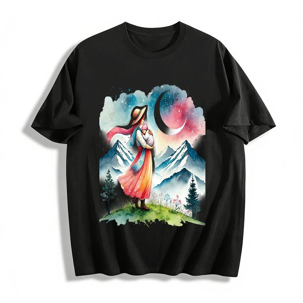 Starry Night Mother Holding Baby Print Top Scenery Casual T-Shirt Pure cotton T-shirt XXS