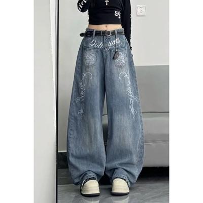 American Retro Embroidered Scimitar Jeans Pants Autumn New Hot Girl Loose Slimming Wide Leg Pants