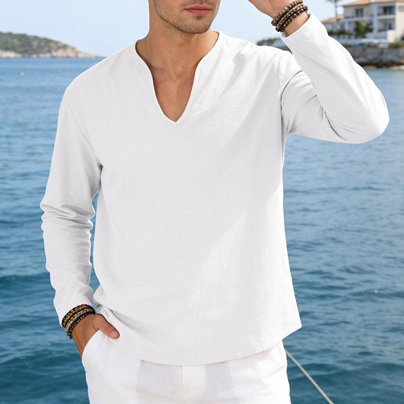 Men Casual Loose V Neck Long Sleeve Linen T Shirt Big Size