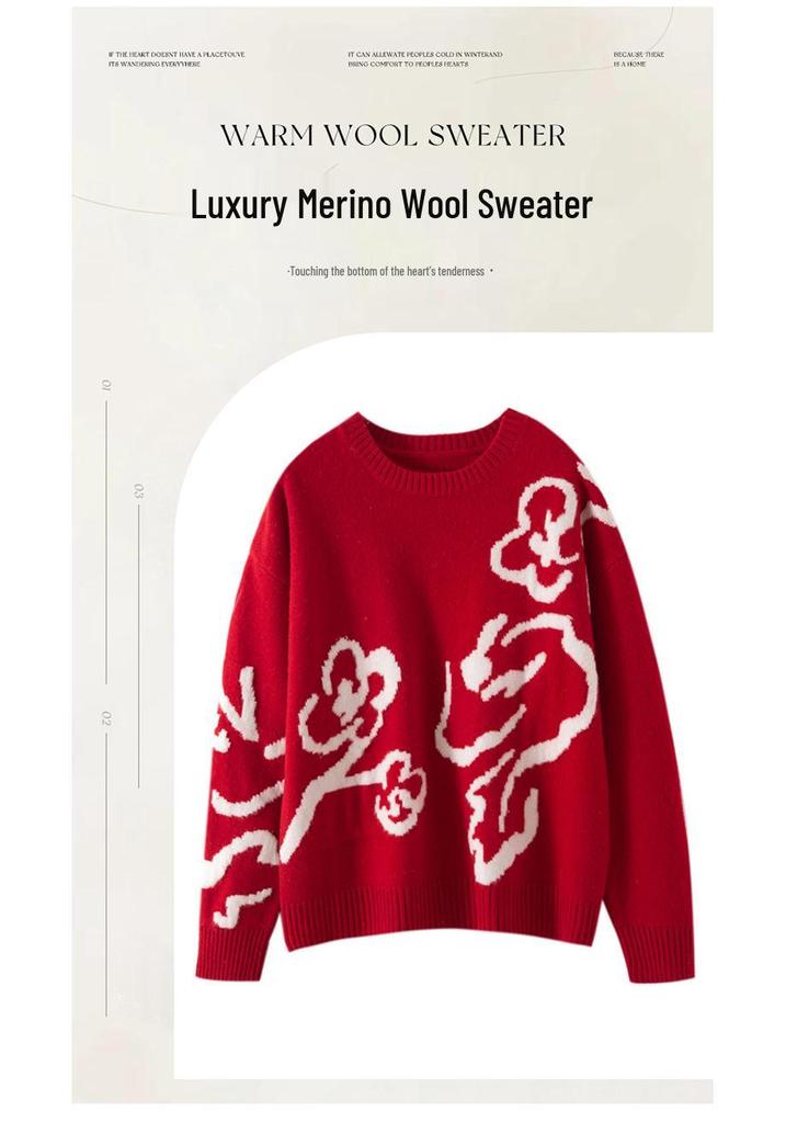 Women's Zodiac Year Red 100% Pure Wool Jacquard Sweater - Cozy, Soft, and Loose Fit