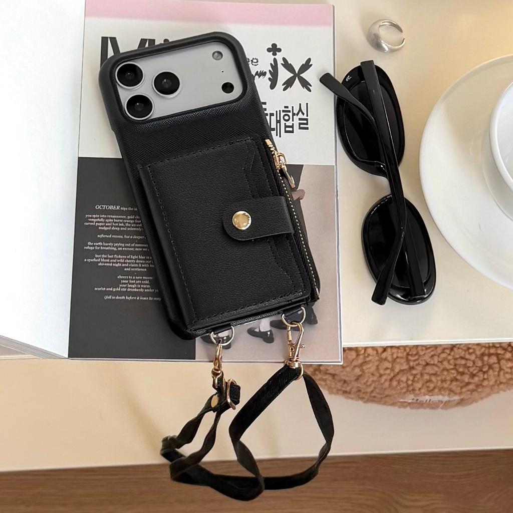 Wallet Strap Phone Case for IPhone Air 17 16 15 Pro Max 11 12 13 14 Plus Card Slots Crossbody Lanyard PU Leather Silicone Cover