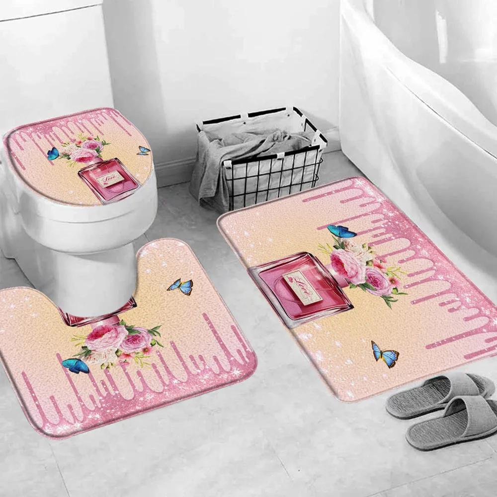 Valentine's Day Shower Curtain, Rose High Heels Lipstick Perfume Bottle Black and White Striped Romantic Bath Mat Bathroom Decor