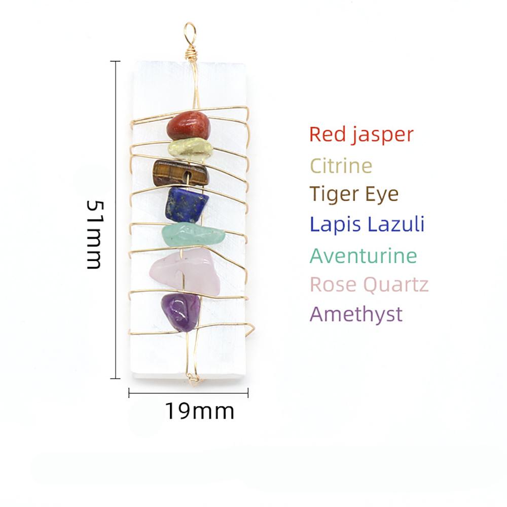 Natural Raw Selenite Blade with 7 Chakra Chip Stones Wire Wrapped Healing Crystals Specimen Hanging Ornament