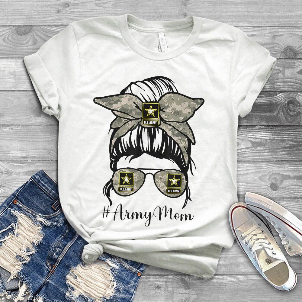 Army Mom Messy Bun Hair Glasses Mom Men s and Women s T-shirts L