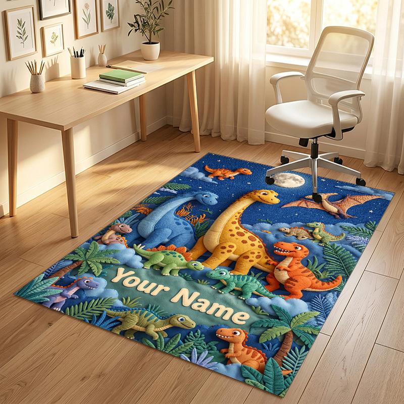 Dinosaur Theme Crystal Velvet Rug Personalized Custom Name Text Soft Floor Mat Home Decor