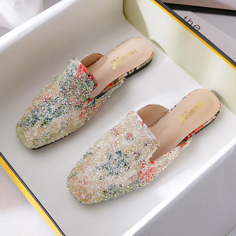 Fashion Celebrity Crystal Multicolor Mules Women Square Toe Slippers Summer Shoes Woman Sandals Flipflops Plus Size 40-43 Glitter Slides