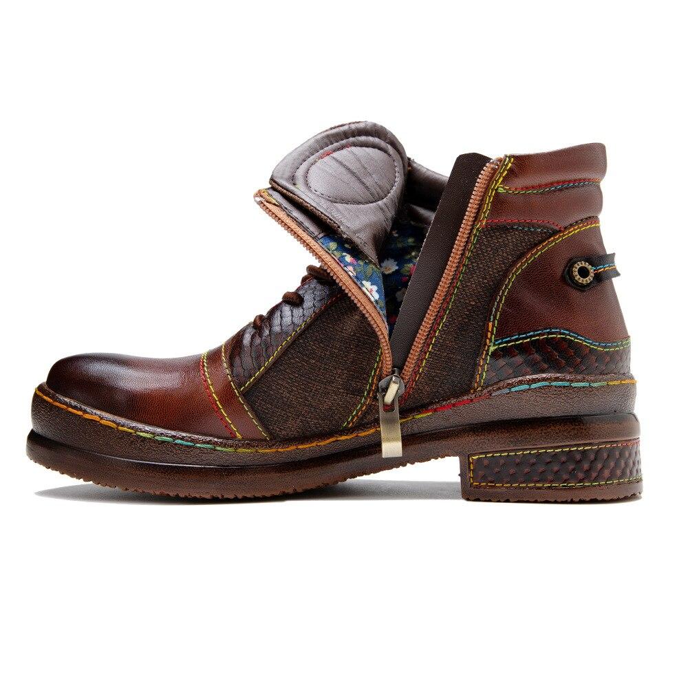 Johnature Genuine Leather Retro Shoes Women Boots Zip Round Toe Mixed Colors Sewing Handmade Concise Platform Boots