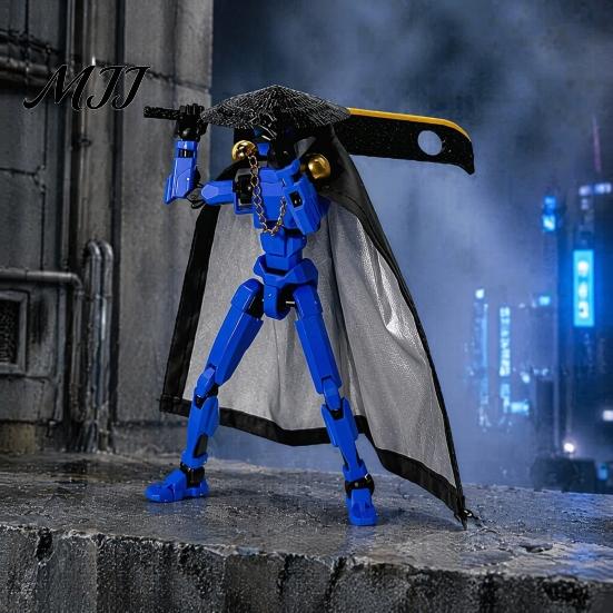 Swordsman Action Model Chinese Figure with Accessories, Multi-Joints Movable Bamboo Hat Cloak Man Figurine, Articulated Dummy Robot Toy Collectible