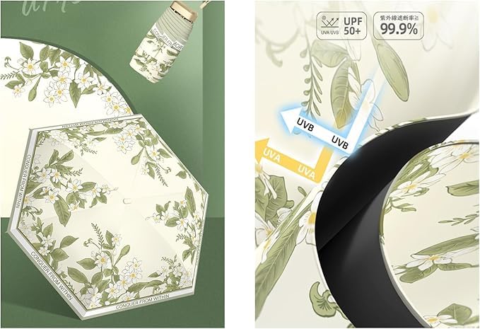 Folding Pocket Umbrella with Floral Oil Light Heat Sun and Rain Manual Six Windproof and with Storage Popular for Women Painting, Mini, Blocking,
