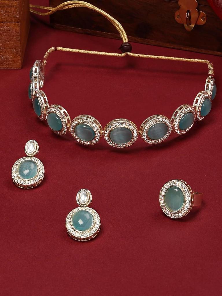 Tyrkysově modrý kočičí oko Rakouské diamanty a kameny Choker náhrdelník Náušnice a prsten Set pro ženy
