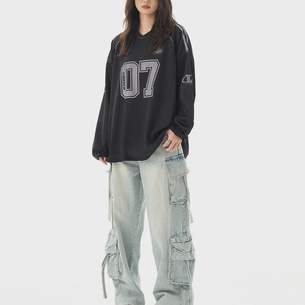 Unisex V-Neck Long-Sleeve Retro Jersey Top