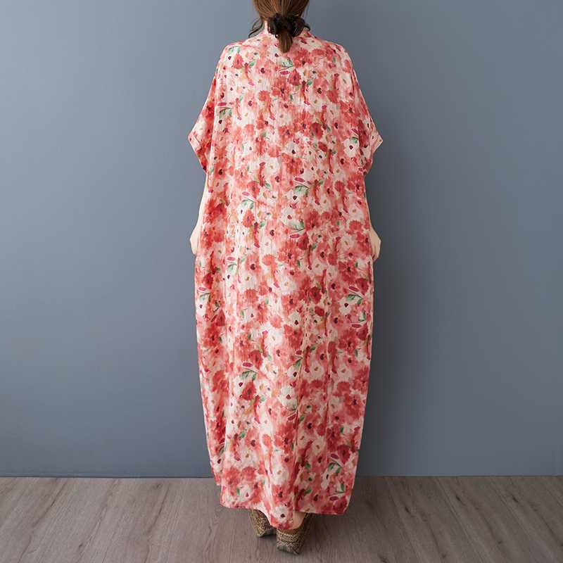 Summer Floral Vacation Style Travel V-neck Retro Long Dress To Hide The Flesh Cotton and Linen Dress