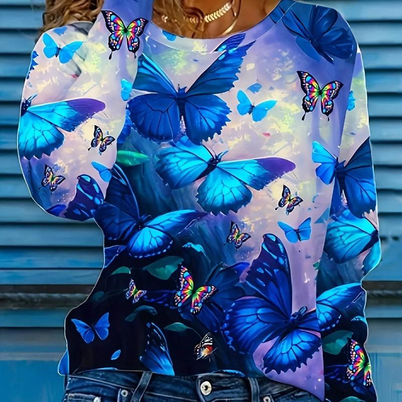 Women's Long Sleeve Colorful Butterfly Pattern T Shirts Tops Autumn Fashion  Women's Top Harajuku Fun Pullover Tshirt