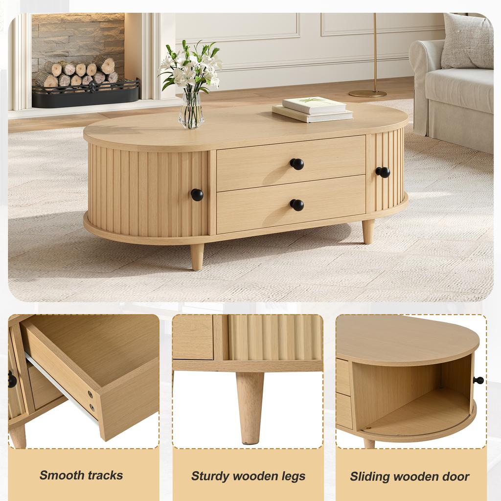 Round Coffee Table with Roller Doors, Light Wood, 2 Drawers, MDF Living Room Table with Solid Wood Legs, 100×50×36cm, Load Capacity Up To 50kg