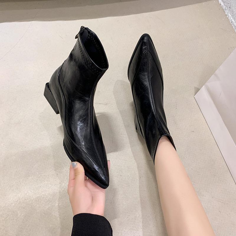 Fashion Booties Women's Fashion Pointed Toe Spliced Rear Zipper Soft Sole Waterproof Non-Slip Block Heel Shoes