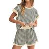 Women's Fashion Casual Round Neck Loose Striped Elastic Waist Shorts Set