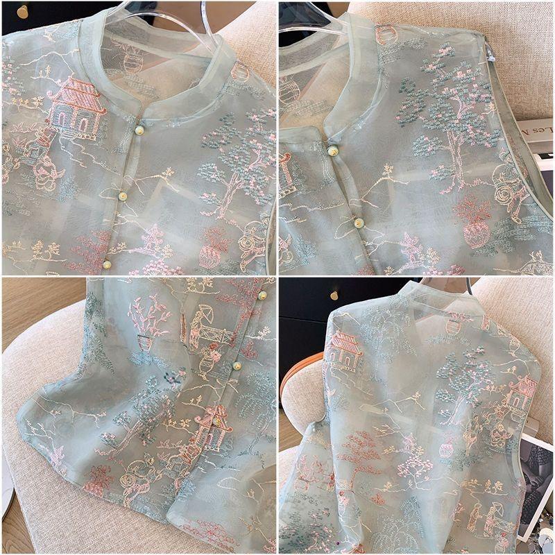 New fashion embroidered vest vest spring and summer top temperament stand-up collar vest