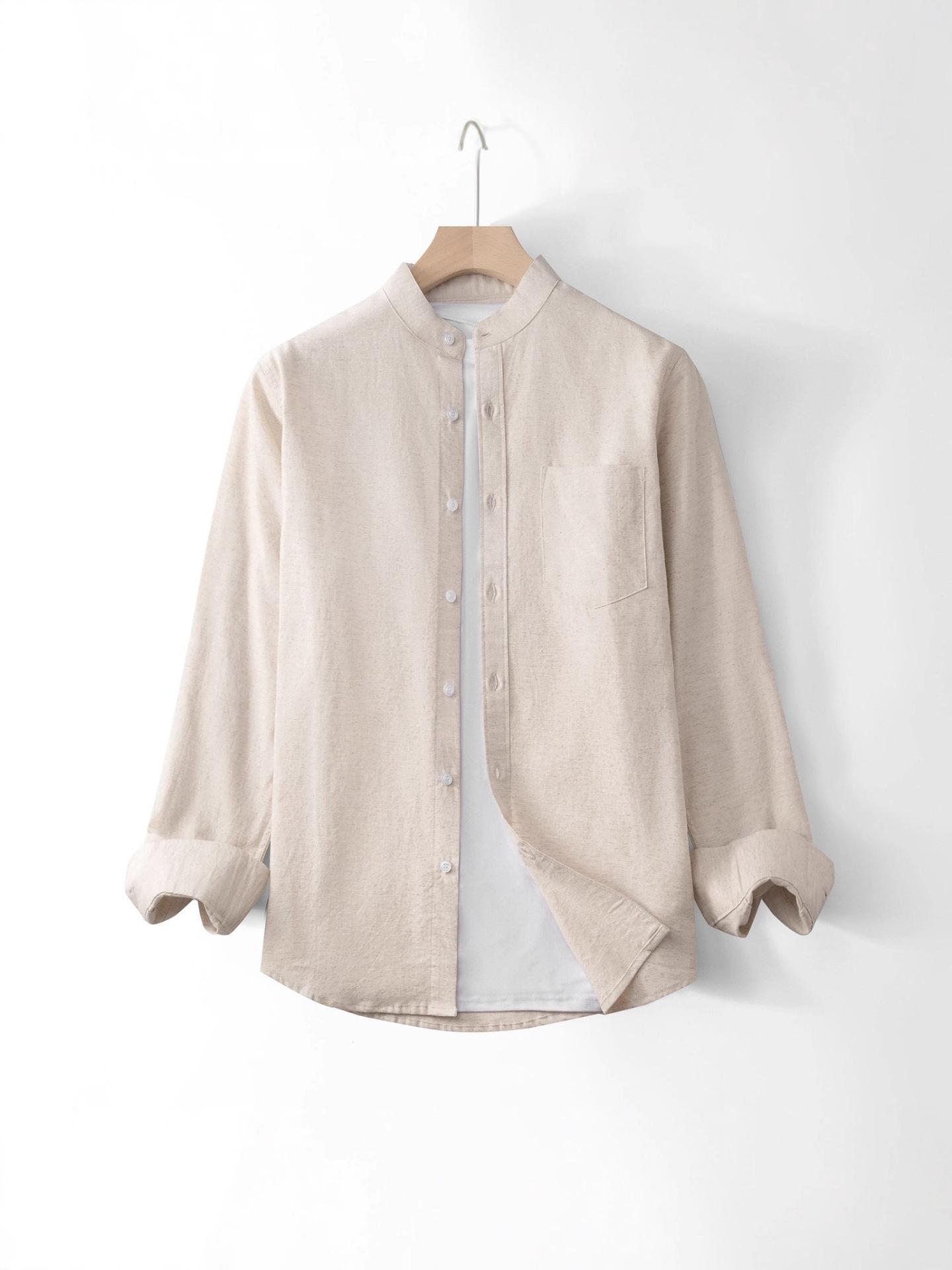 

Men s Cotton Linen Stand-up Collar Shirt - Khaki, Retro, Long Sleeve, Trendy Top for Spring and Autumn. XXXL хакі