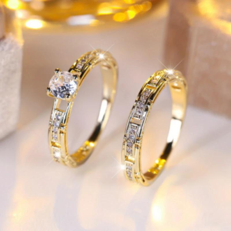 Fashion Sparkling Inlaid Zirconia Geometric Double Layer Ring Ladies Trend Wedding Party Jewelry Gift