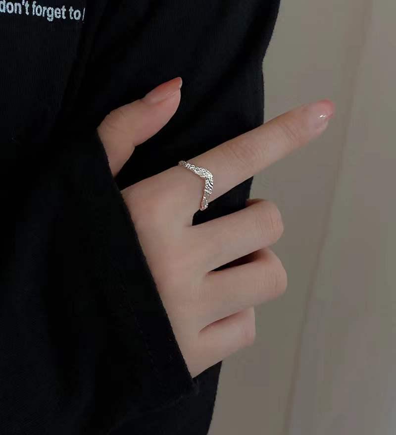 Beixi S925 Sterling Silver V-Shaped Pleated Open Ring with Textured Lava Design Adjustable Open