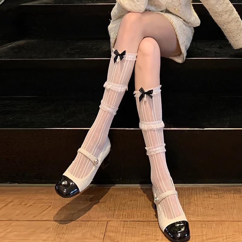 Bas sexy à volants et rayures pour femmes, avec nœud papillon et perles, tendance, rétro, en dentelle élastique, longues chaussettes