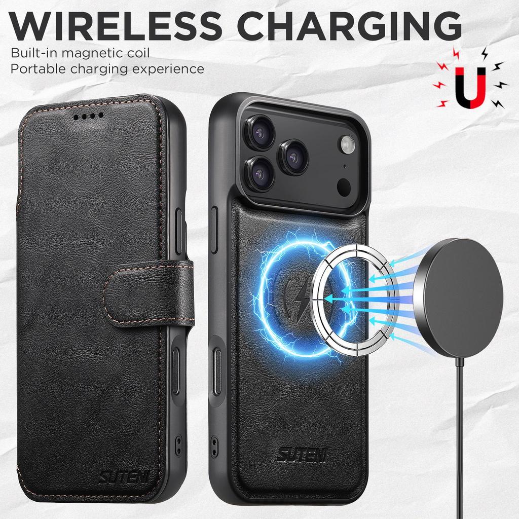 iPhone 17 Pro Max Flip Case with Card Slot, Magnetic Snap, Wireless Charging, Stand Function, and Leather Finish