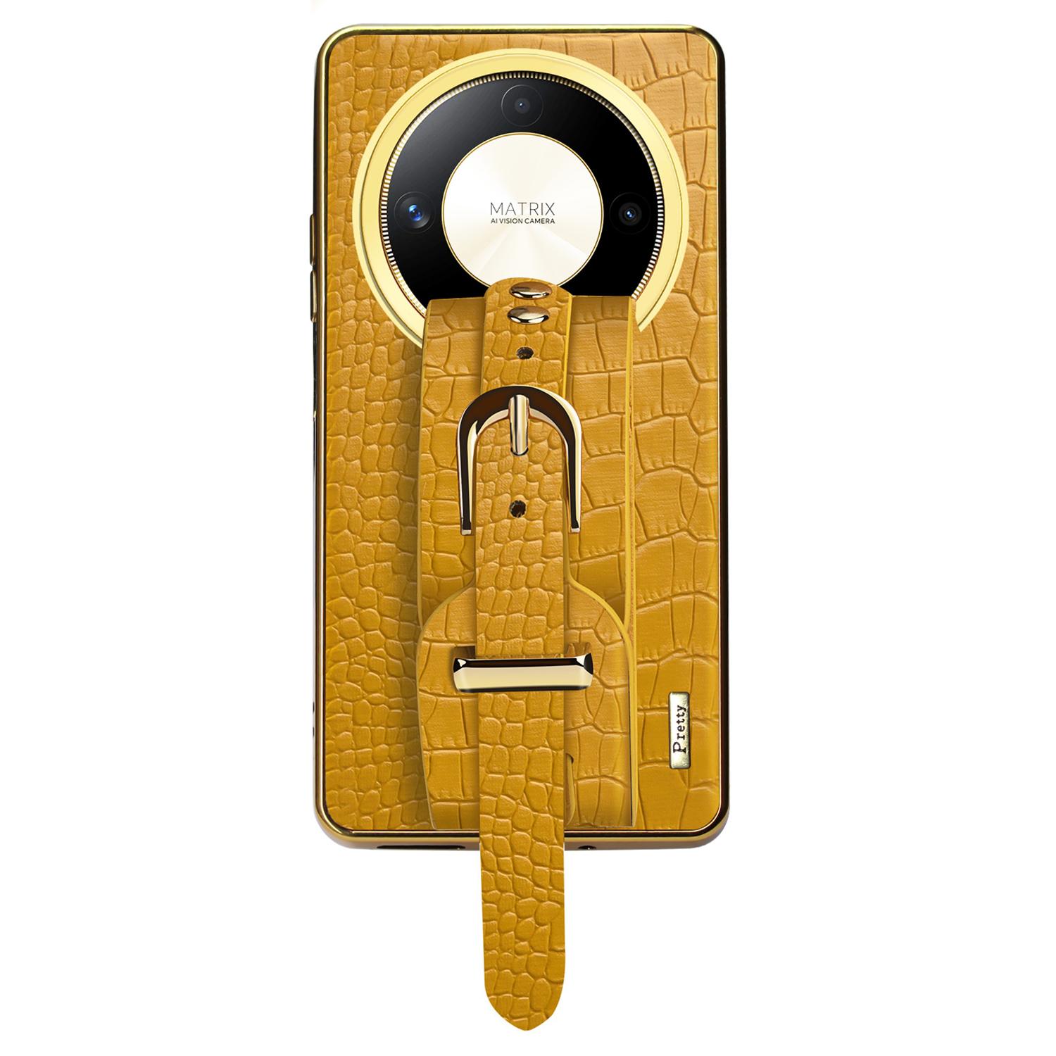 

For Honor X9b 5G/Magic6 Lite 5G Cell Phone Case Crocodile Texture Wristband Kickstand Cover Yellow