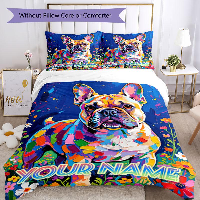 3PC Custom Name Colorful French Bulldog Art Bedding Set Duvet Cover Closure Includes 1 Duvet Cover & 2 Pillowcases for Bedroom